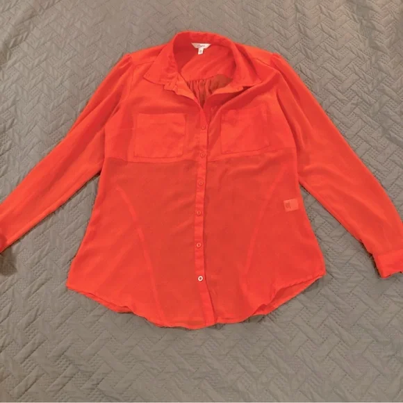 Candies- Sheer, button down, long sleeve coral/orange blouse. - Picture 1 of 4